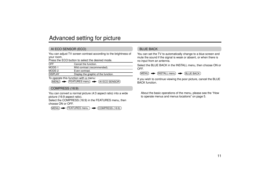 JVC AV-21M335, AV-21M315, AV-21V315, AV-25M335, AV-25M315, AV-25V315 Advanced setting for picture, AI ECO Sensor ECO 