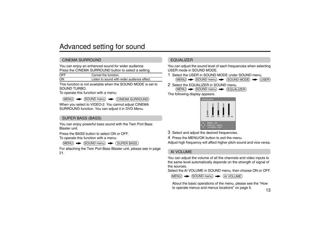 JVC AV-21M335, AV-21M315, AV-21V315, AV-25M335, AV-25M315, AV-25V315 Advanced setting for sound, Cinema Surround 