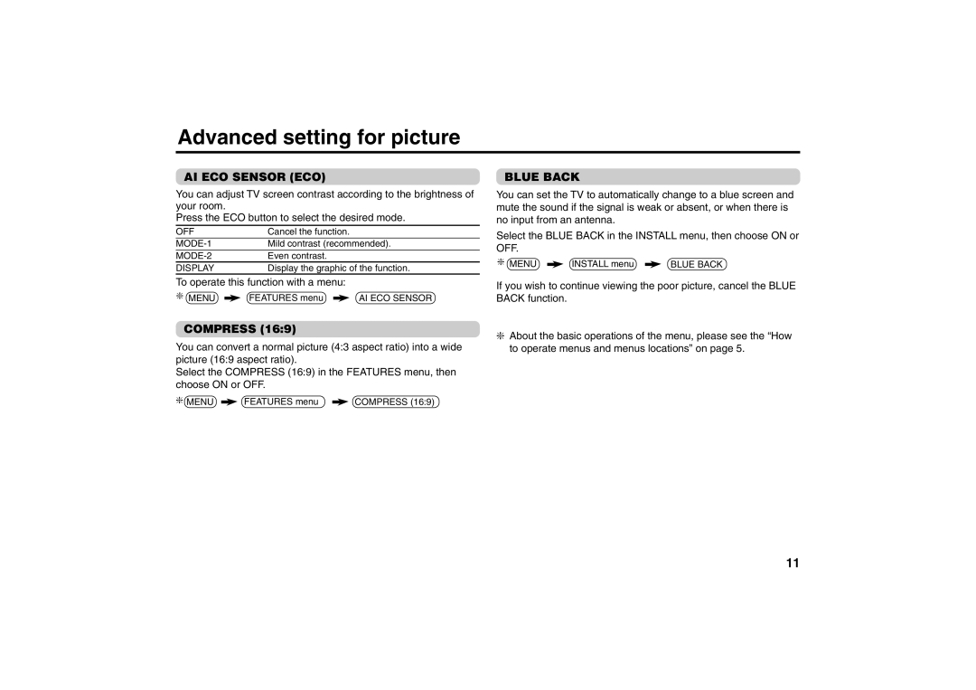 JVC AV-21M335, AV-21M315, AV-21V315, AV-25M335, AV-25M315, AV-25V315 specifications Advanced setting for picture 