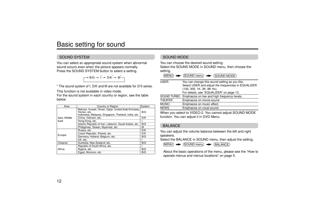 JVC AV-21M335, AV-21M315, AV-21V315, AV-25M335, AV-25M315, AV-25V315 specifications Basic setting for sound 