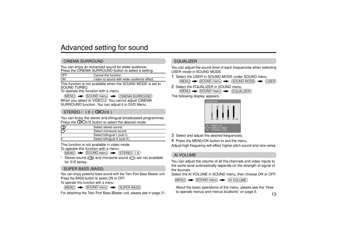 JVC AV-21M335, AV-21M315, AV-21V315, AV-25M335, AV-25M315, AV-25V315 specifications Advanced setting for sound, Stereo 