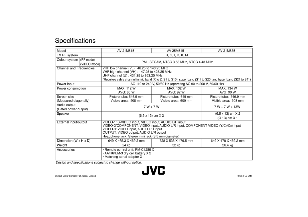 JVC AV-21M335, AV-21M315, AV-21V315, AV-25M335, AV-25M315, AV-25V315 specifications Model AV-21M515 AV-25M515 AV-21M535 