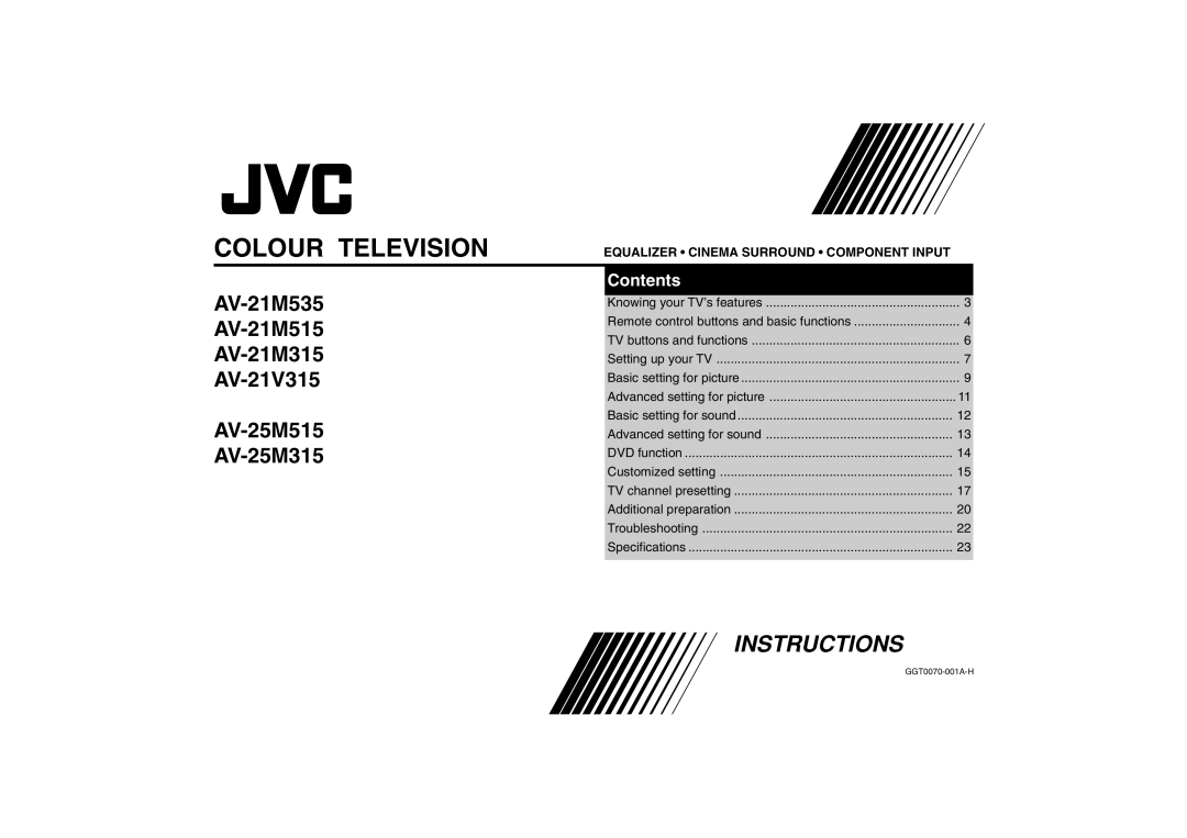 JVC AV-21M535, AV-21M515, AV-21M315, AV-21V315, AV-25M515, AV-25M315 specifications Colour Television 