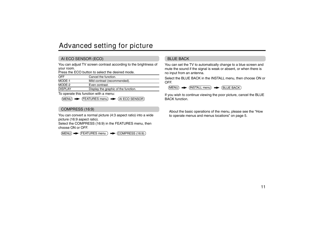 JVC AV-21M535, AV-21M515, AV-21M315, AV-21V315, AV-25M515, AV-25M315 Advanced setting for picture, AI ECO Sensor ECO 