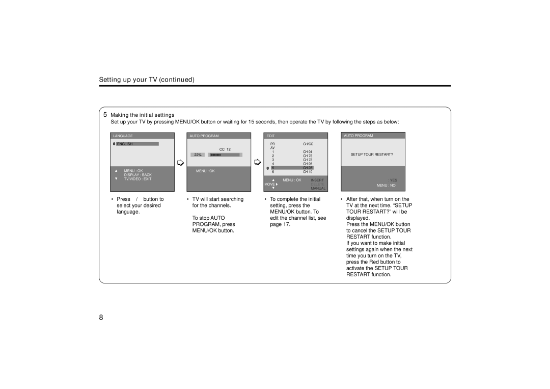 JVC AV-21M535, AV-21M515, AV-21M315, AV-21V315, AV-25M515, AV-25M315 Setting up your TV, Making the initial settings 