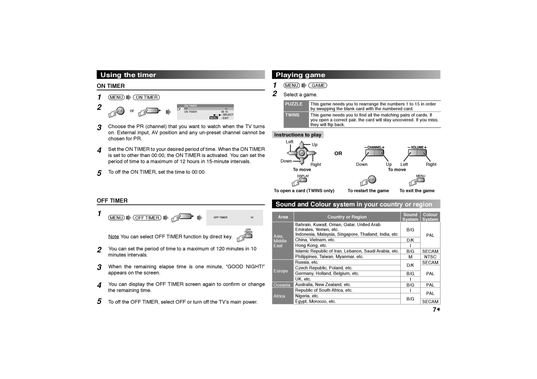 JVC AV-14AMG7, AV-21MBMG7, AV-14A17 instruction manual Using the timer, Playing game 