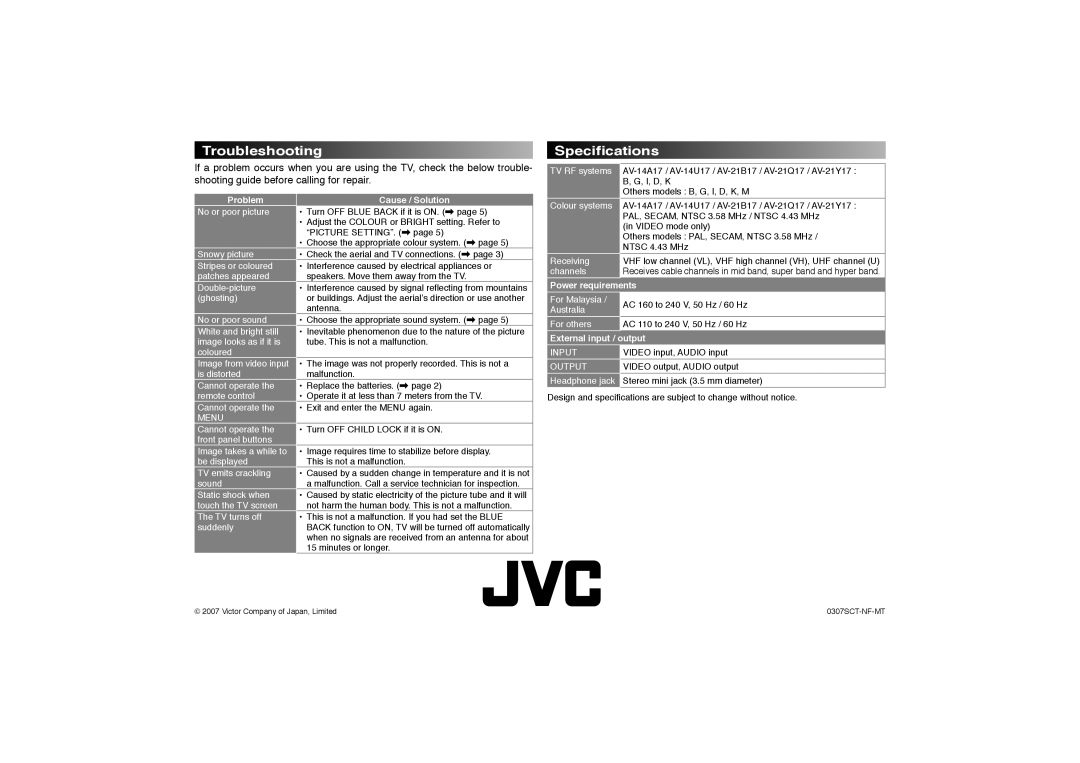 JVC AV-14A17, AV-21MBMG7, AV-14AMG7 instruction manual Troubleshooting Speciﬁcations, TV RF systems 