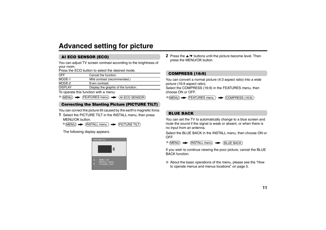 JVC AV-21MS15, AV-29MS15 Advanced setting for picture, AI ECO Sensor ECO, Correcting the Slanting Picture Picture Tilt 