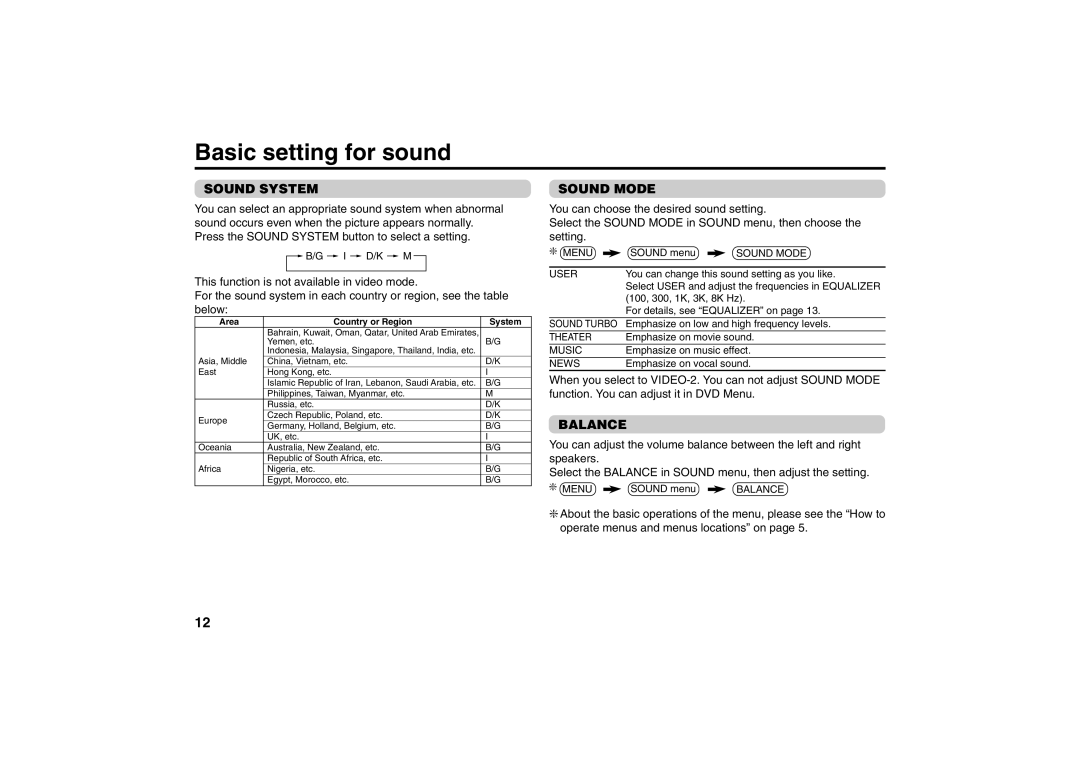 JVC AV-21MS15, AV-29MS15 specifications Basic setting for sound, Sound System, Sound Mode, Balance 