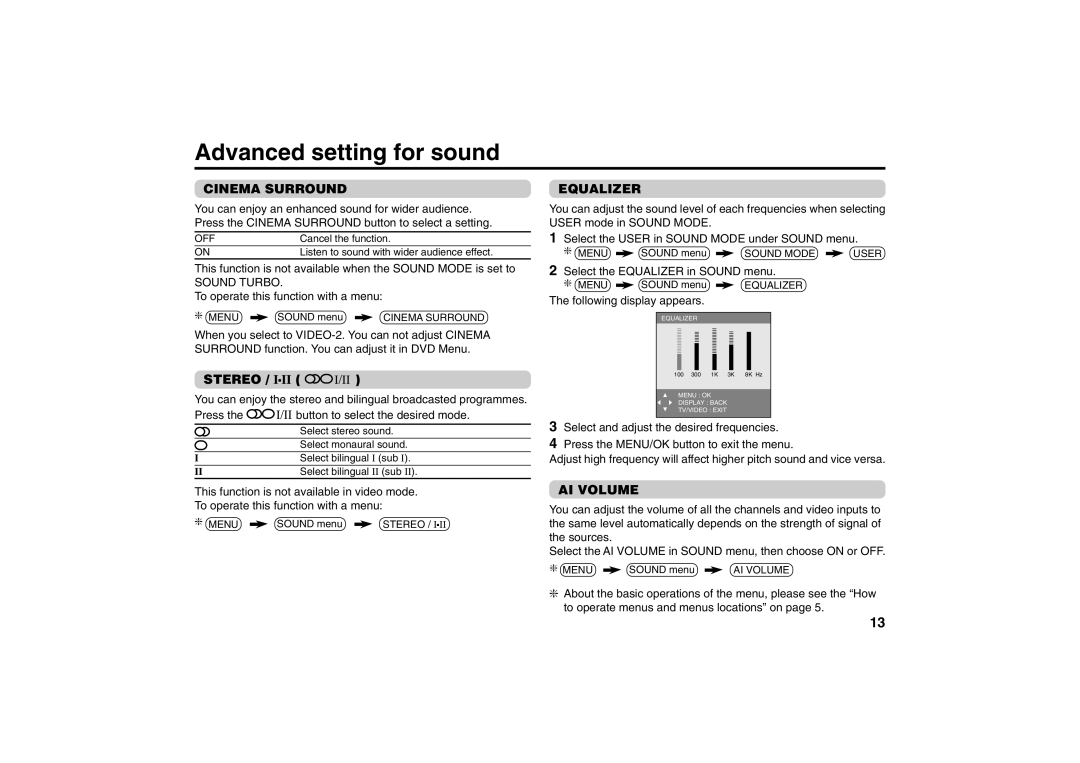 JVC AV-21MS15, AV-29MS15 specifications Advanced setting for sound, Cinema Surround, Stereo, Equalizer, AI Volume 