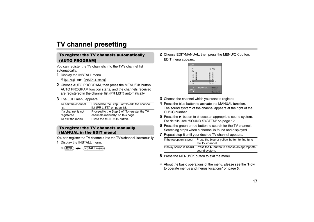 JVC AV-21MS15, AV-29MS15 specifications TV channel presetting, To register the TV channels automatically, Auto Program 