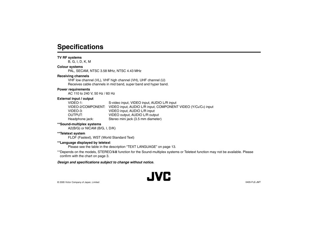 JVC AV-21MS15, AV-29MS15 specifications Language displayed by teletext 