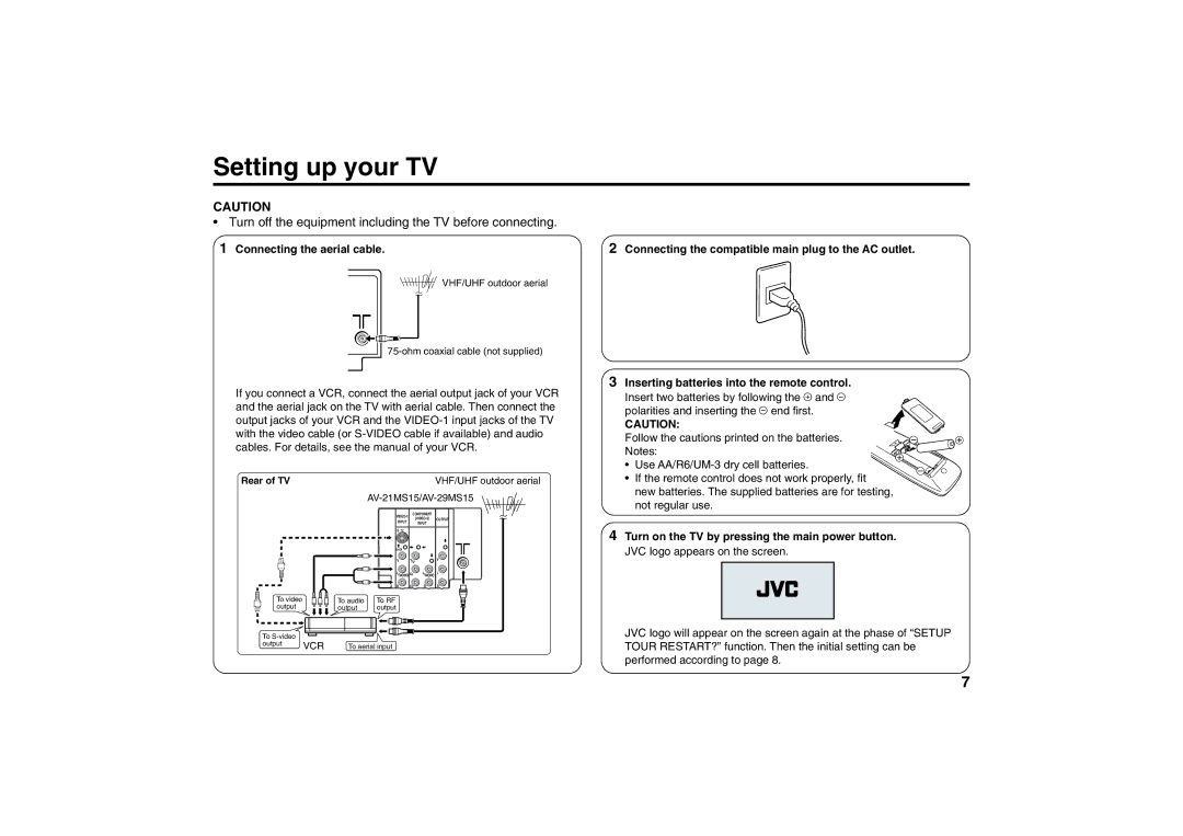 JVC AV-21MS15, AV-29MS15 specifications Setting up your TV, Connecting the aerial cable, JVC logo appears on the screen 