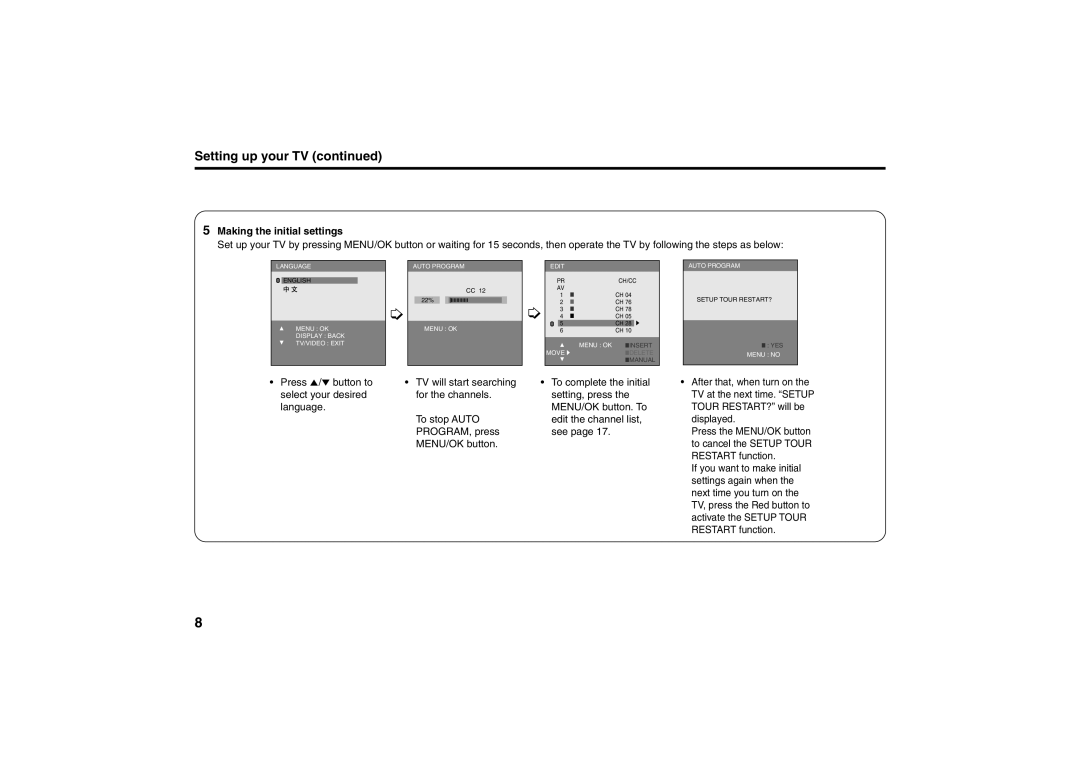 JVC AV-21MS15, AV-29MS15 specifications Setting up your TV, Making the initial settings 