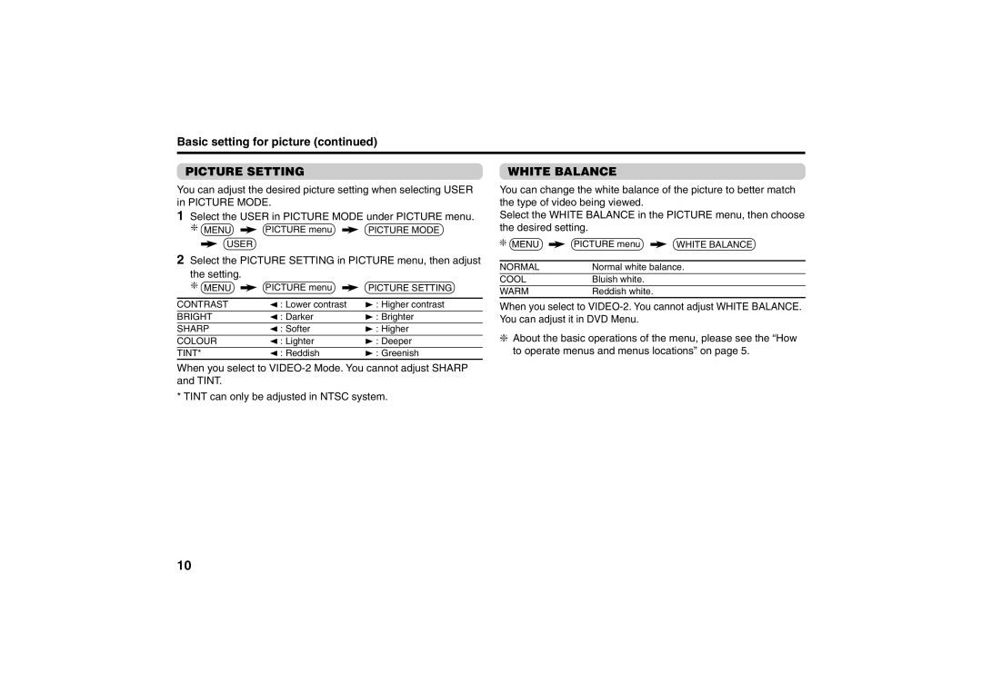 JVC AV-21MS30 specifications Basic setting for picture, Picture Setting, White Balance 