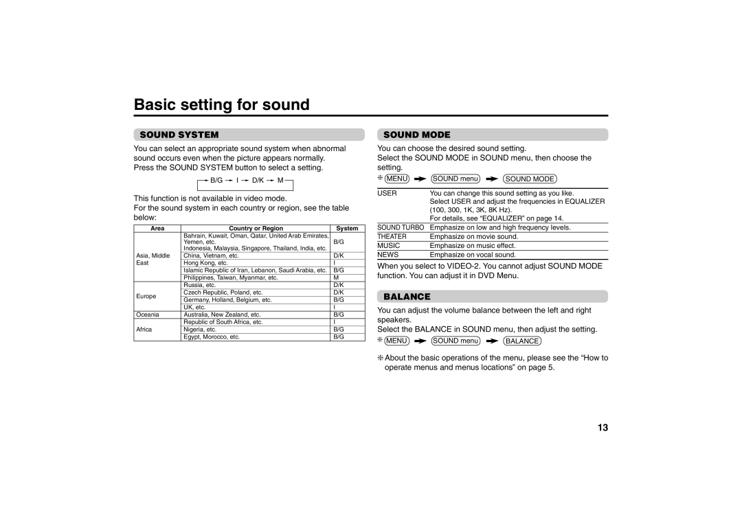 JVC AV-21MS30 specifications Basic setting for sound, Sound System, Sound Mode, Balance 