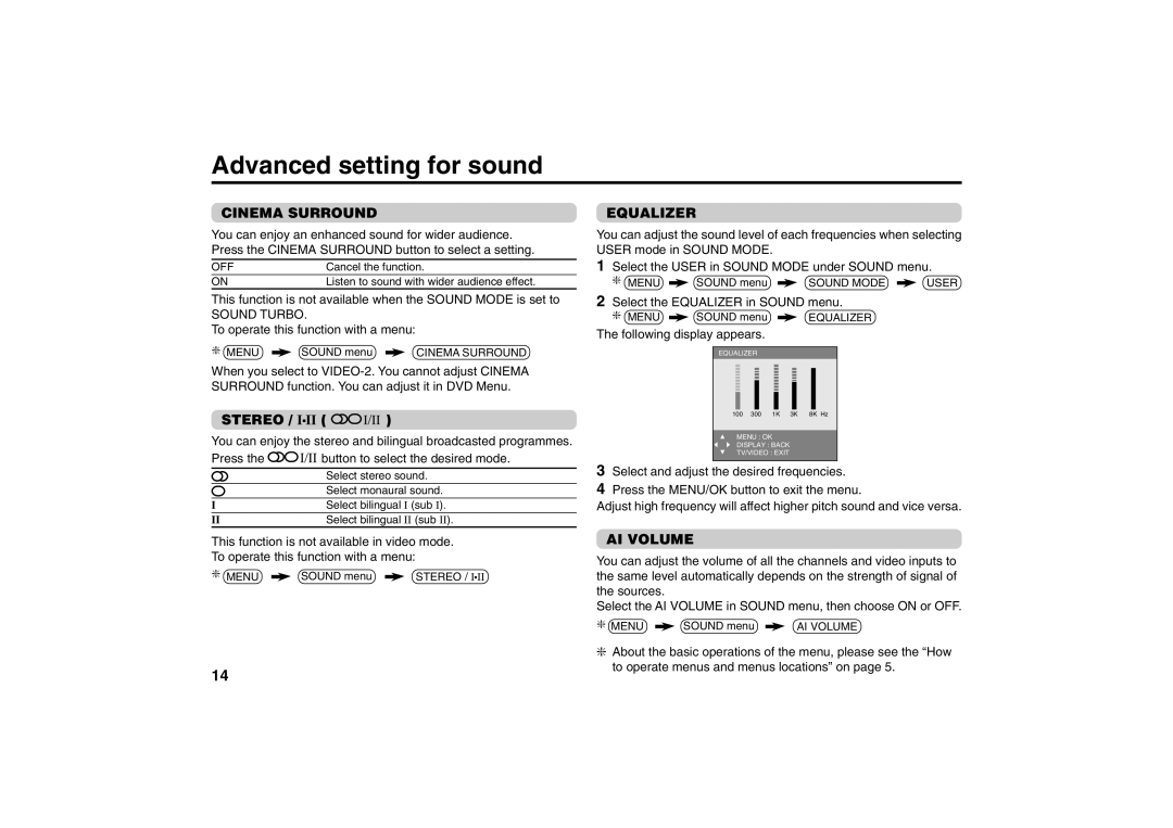 JVC AV-21MS30 specifications Advanced setting for sound, Cinema Surround, Stereo, Equalizer, AI Volume 