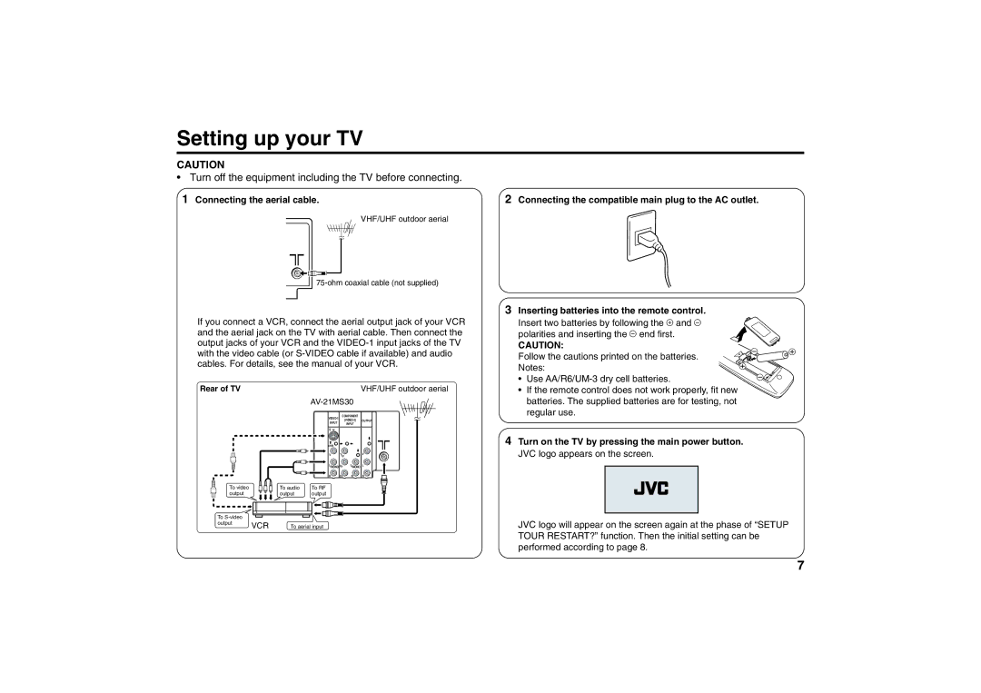 JVC AV-21MS30 Setting up your TV, Turn off the equipment including the TV before connecting, Connecting the aerial cable 