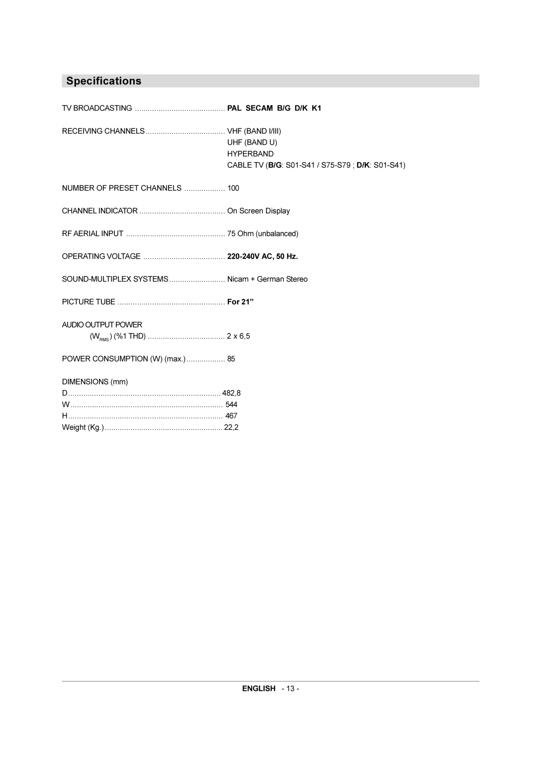 JVC AV-21QS5SE manual Specifications, Audio Output Power 