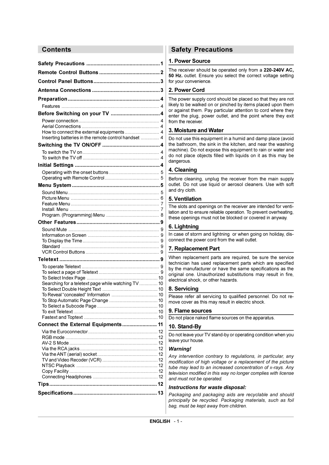 JVC AV-21QS5SE manual Contents, Safety Precautions 