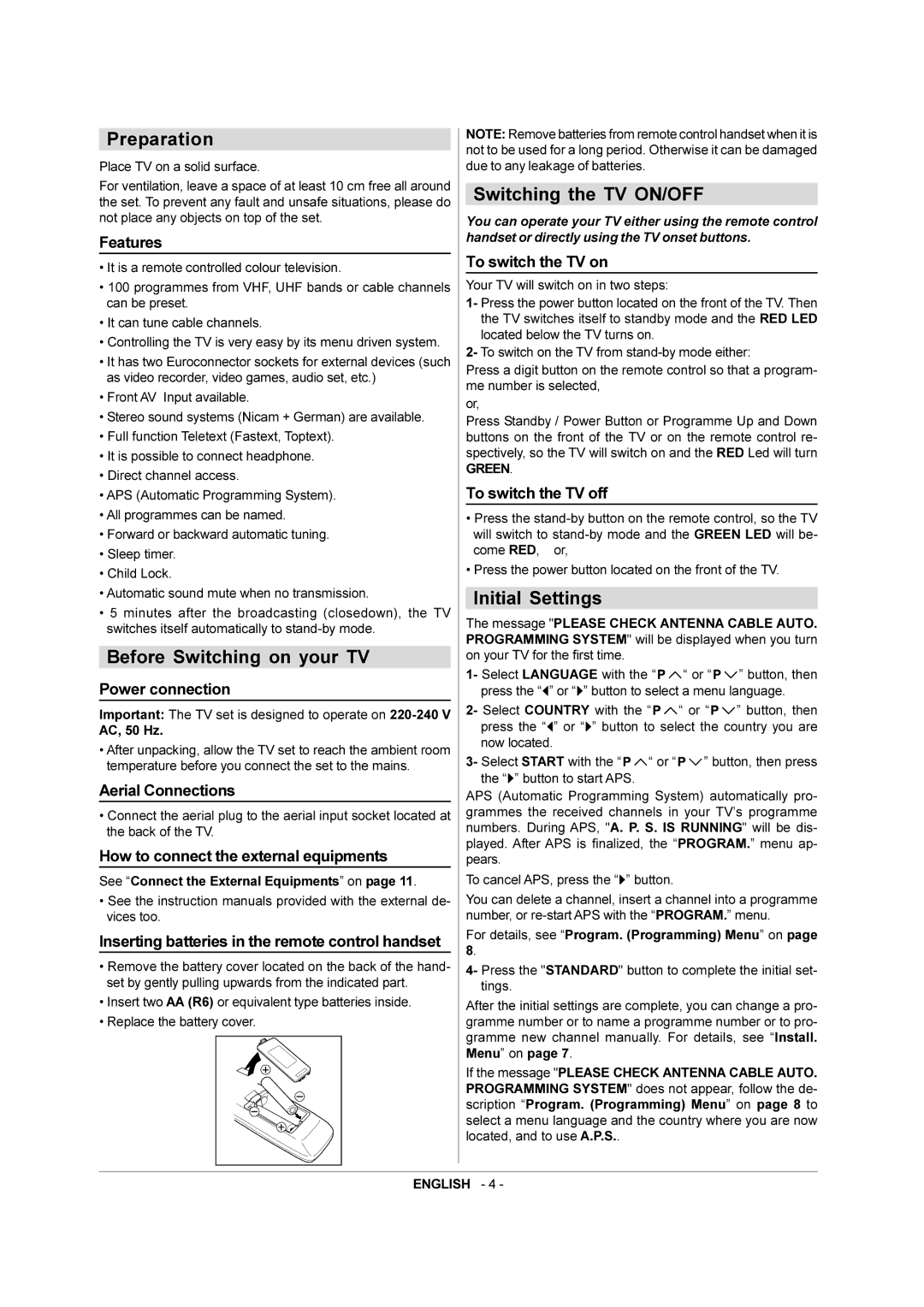 JVC AV-21QS5SE manual Preparation, Before Switching on your TV, Switching the TV ON/OFF, Initial Settings 