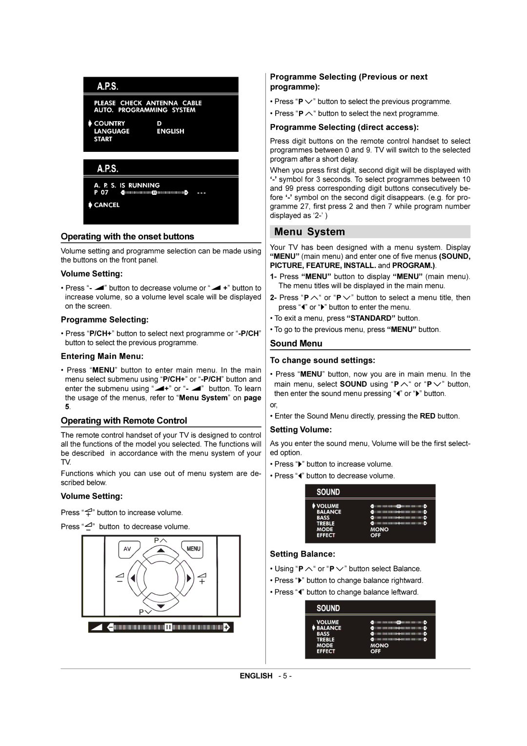 JVC AV-21QS5SE manual Menu System, Operating with the onset buttons, Operating with Remote Control, Sound Menu 