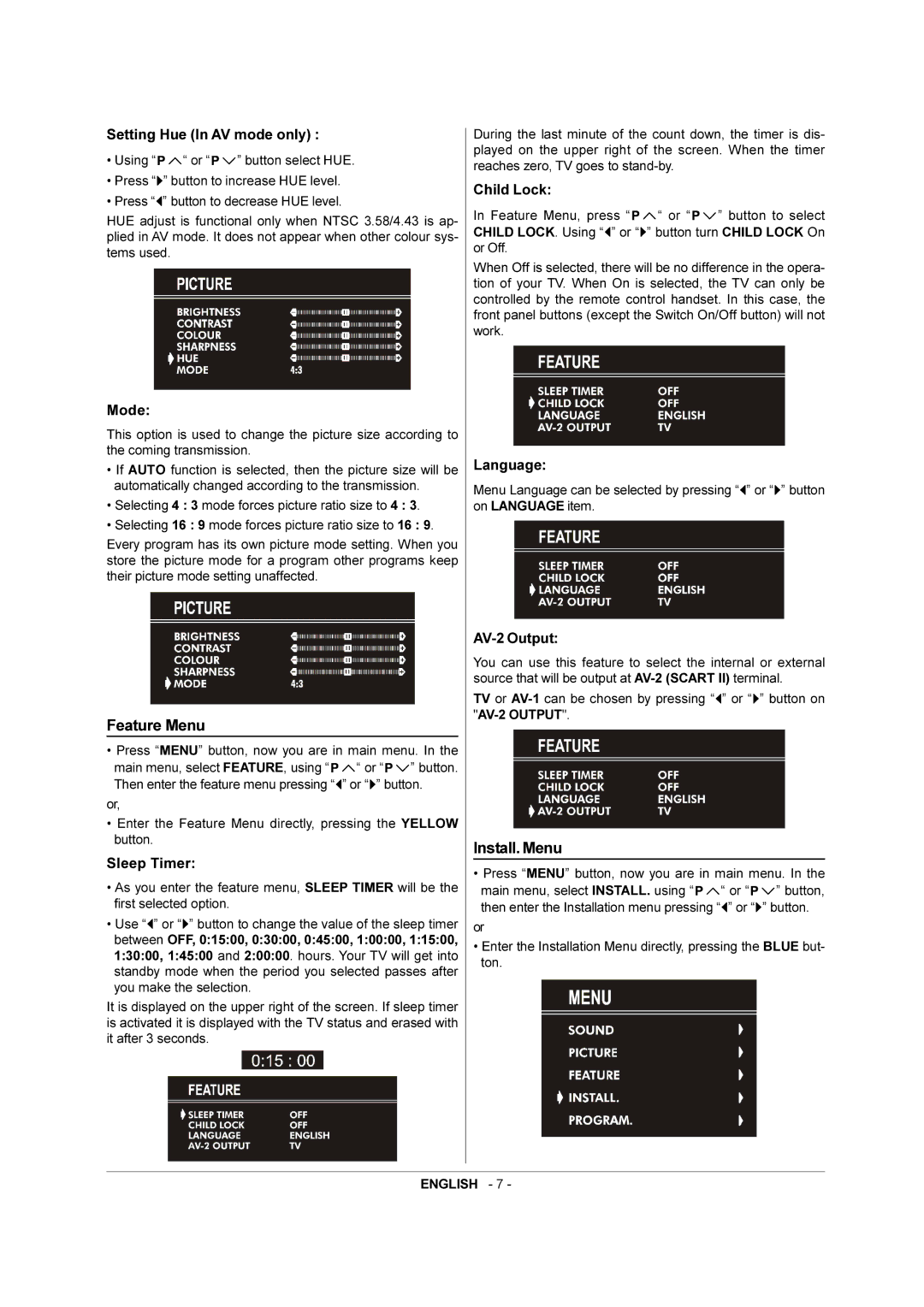 JVC AV-21QS5SE manual Feature Menu, Install. Menu 