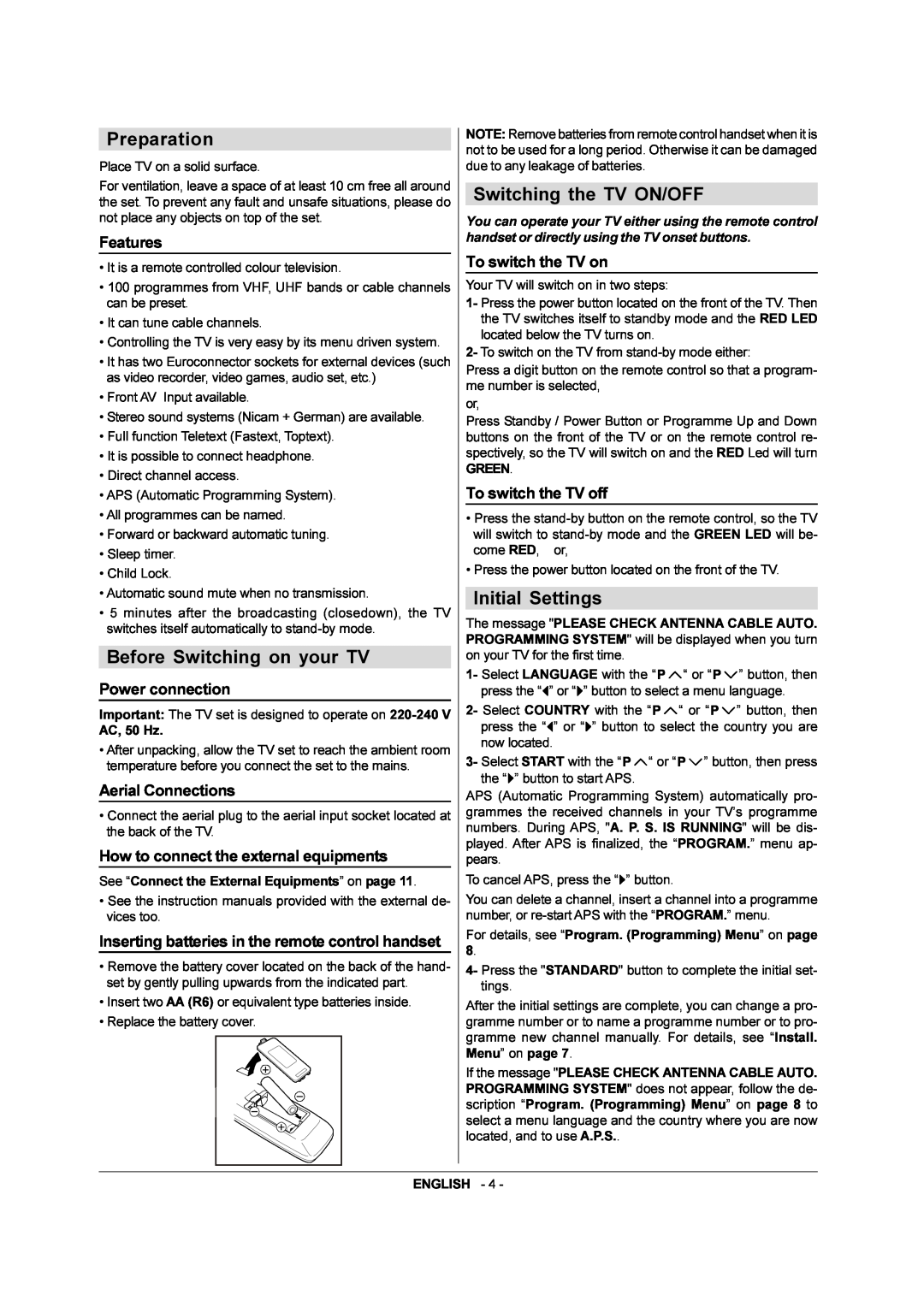 JVC AV-21QS5SE manual Preparation, Before Switching on your TV, Switching the TV ON/OFF, Initial Settings, Features 