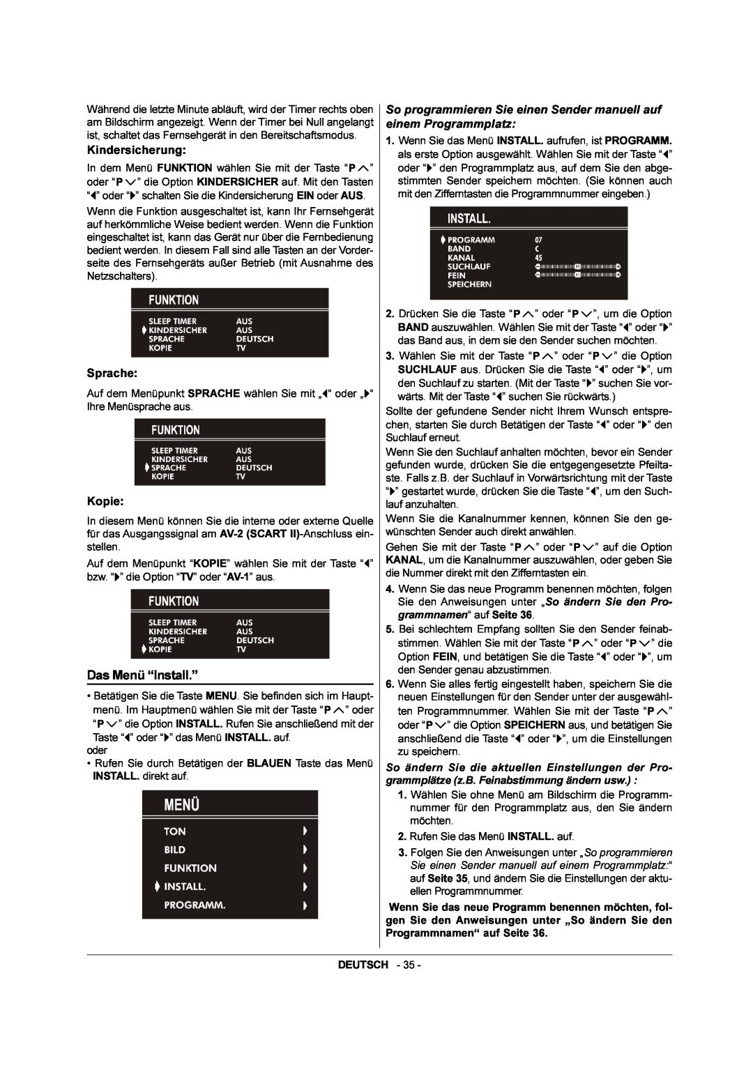 JVC AV-21QS5SN manual Das Menü “Install.”, Kindersicherung, Sprache, Kopie 
