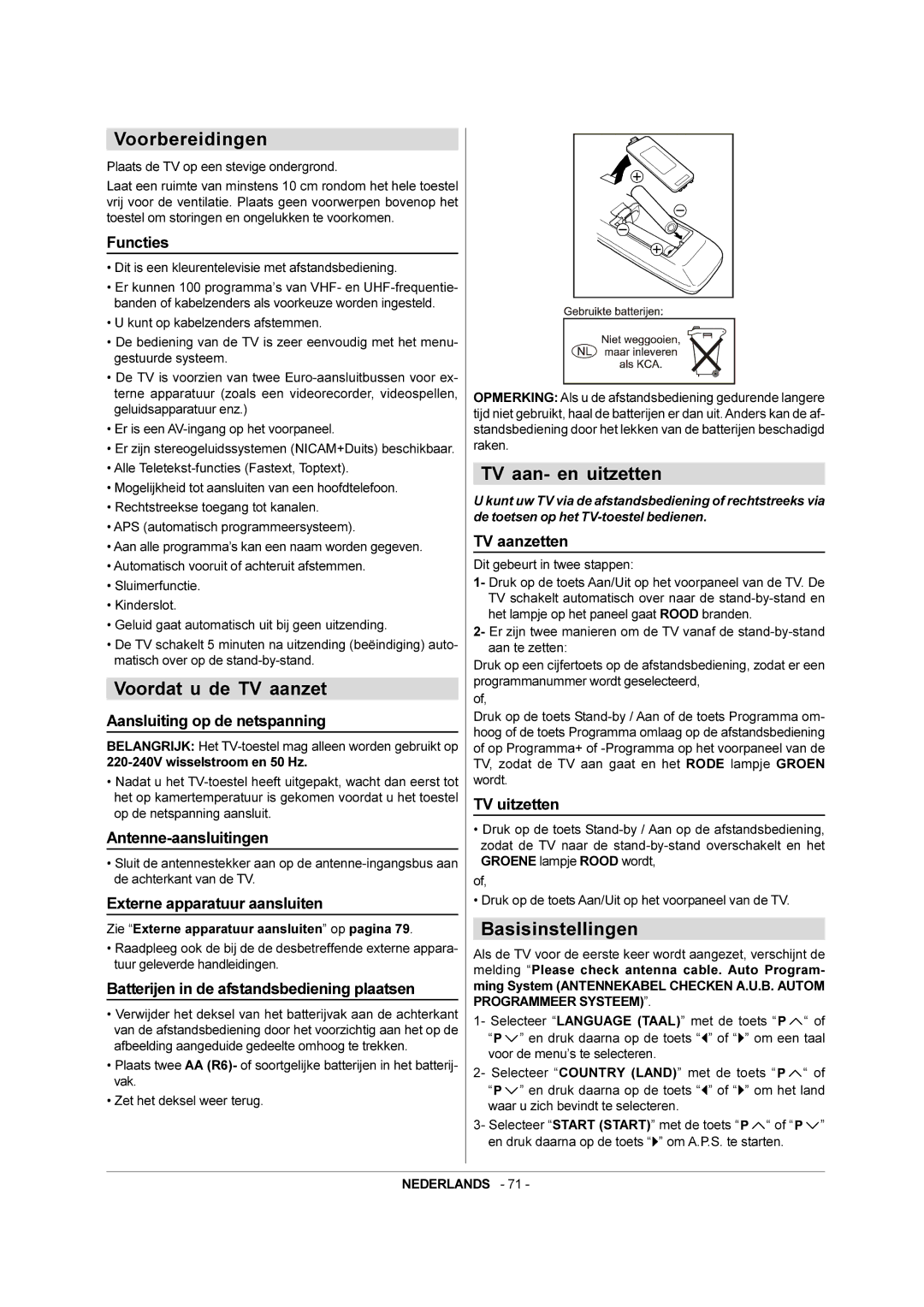 JVC AV-21QS5SP manual Voorbereidingen, Voordat u de TV aanzet, TV aan- en uitzetten, Basisinstellingen 