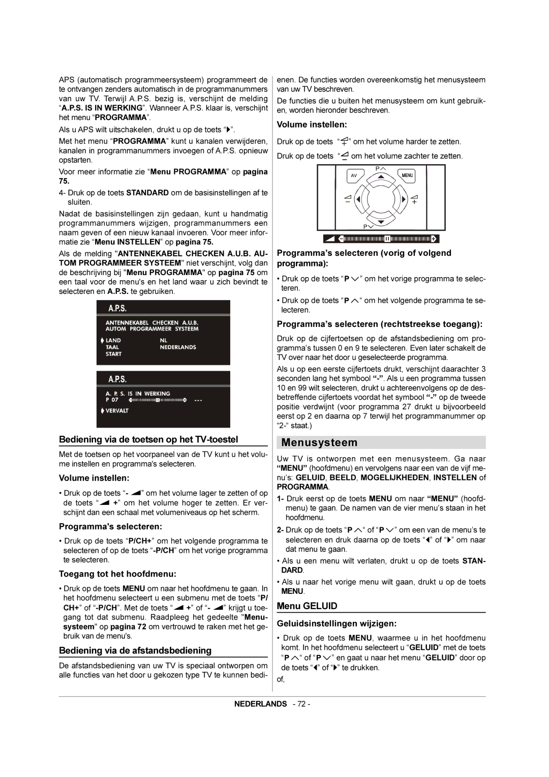 JVC AV-21QS5SP Menusysteem, Bediening via de toetsen op het TV-toestel, Bediening via de afstandsbediening, Menu Geluid 