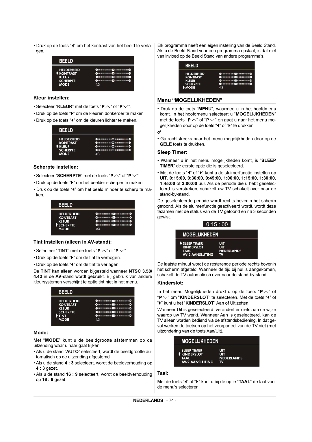 JVC AV-21QS5SP manual Menu Mogelijkheden 