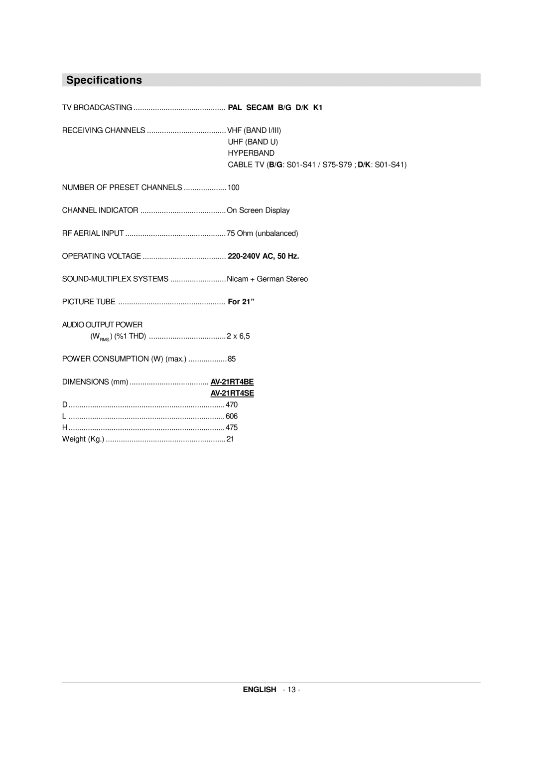 JVC AV-21RT4BE, AV-21RT4SE manual Specifications, PAL Secam B/G D/K K1 