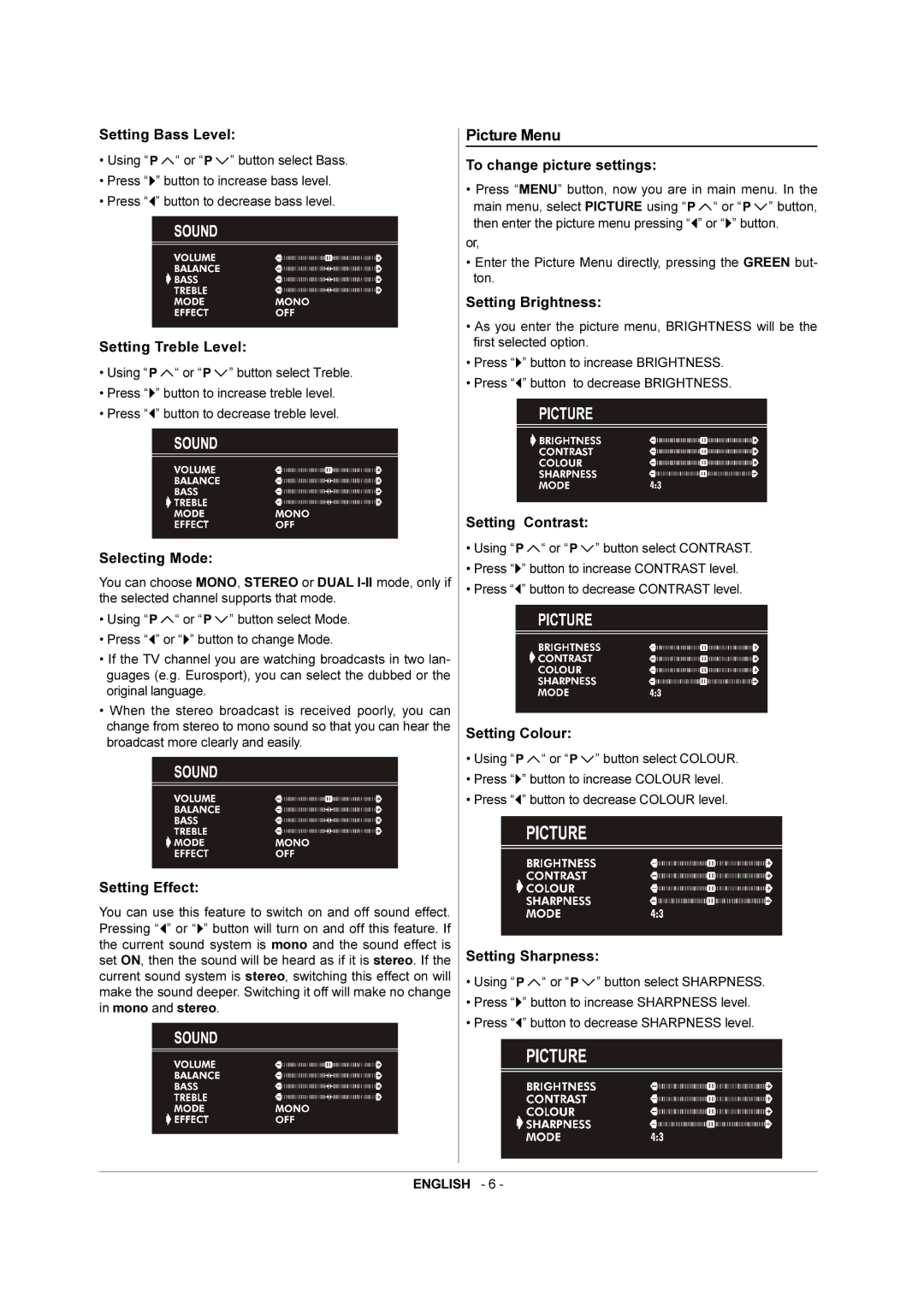 JVC AV-21RT4BE, AV-21RT4SE manual Picture Menu, Setting Bass Level 