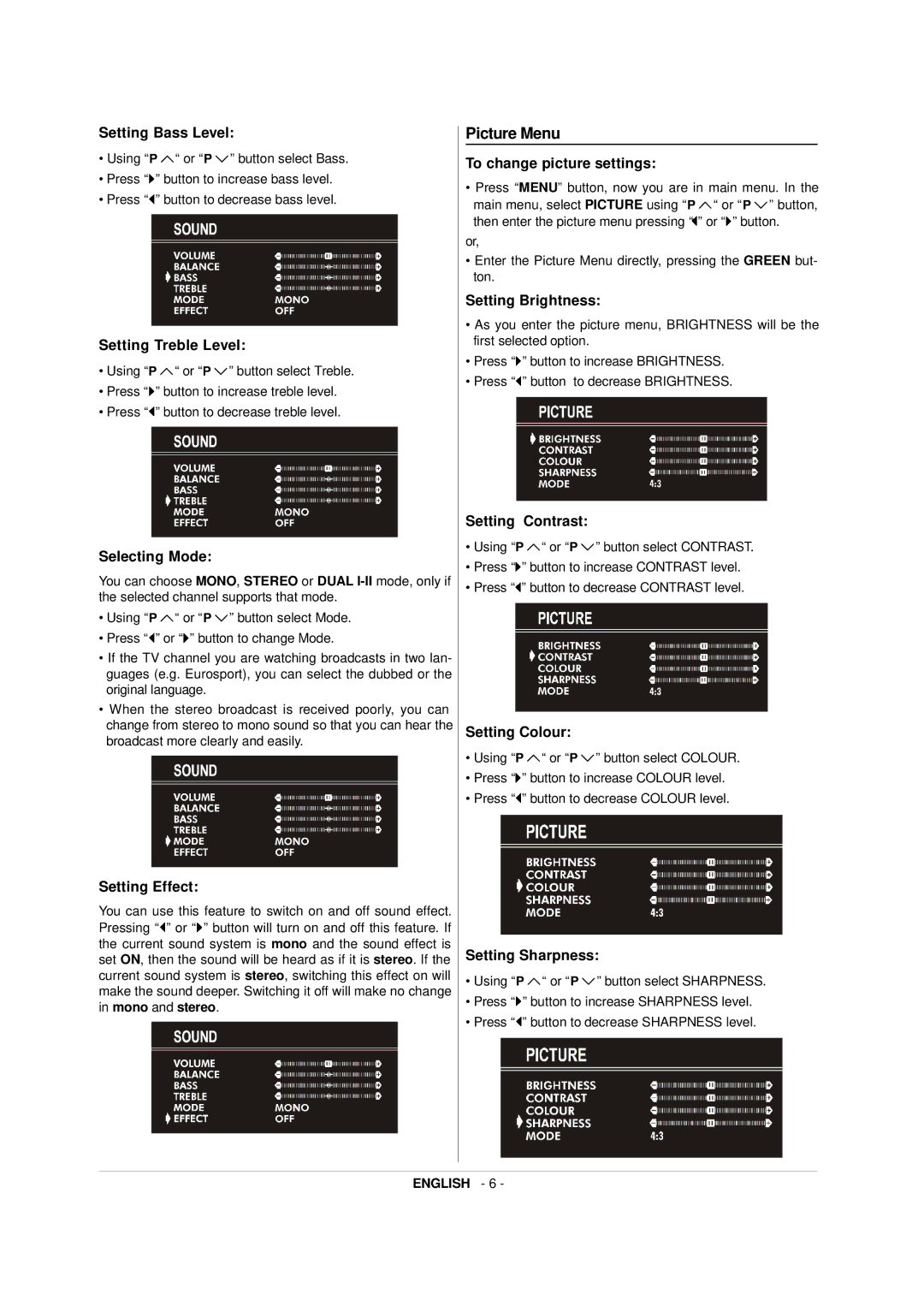 JVC AV-21RT4BE, AV-21RT4SE manual Picture Menu, Setting Bass Level 