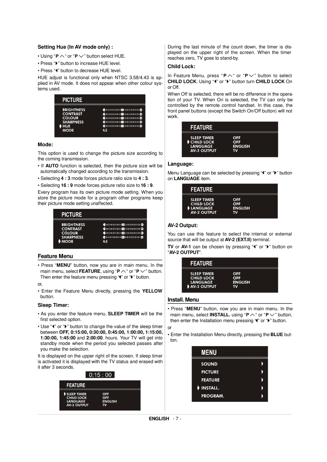 JVC AV-21RT4BE, AV-21RT4SE manual Feature Menu, Install. Menu 