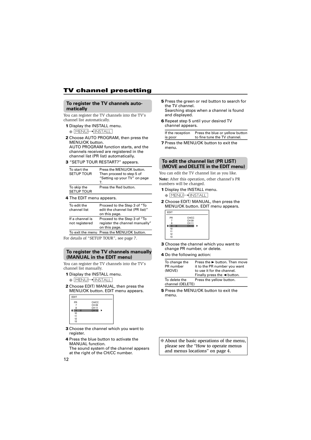 JVC AV-21V115 TV channel presetting, To register the TV channels auto- matically, Menu Install, Setup Tour, Move 