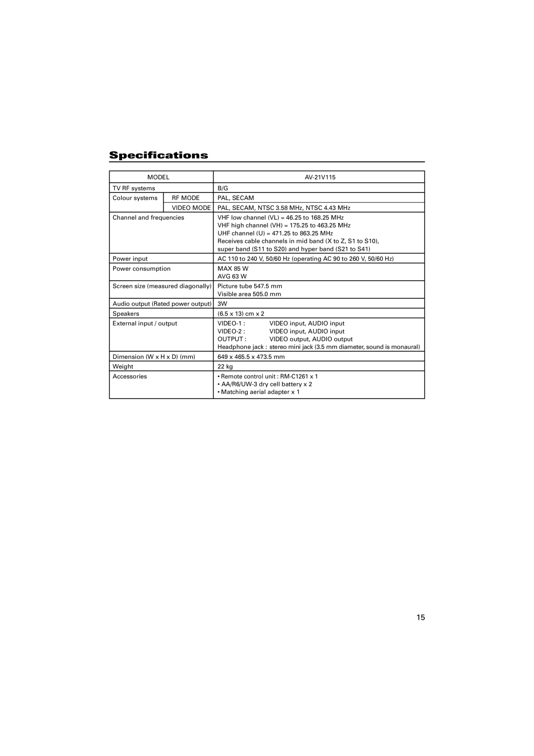 JVC AV-21V115 specifications Specifications, Model, RF Mode PAL, Secam Video Mode, VIDEO-1 