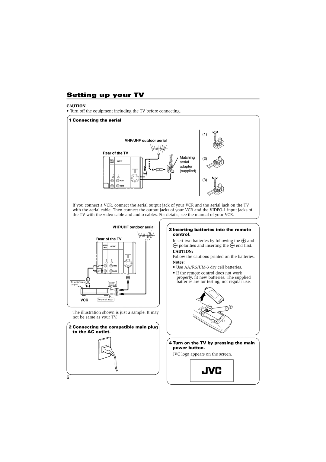 JVC AV-21V115 specifications Setting up your TV, Connecting the aerial, Inserting batteries into the remote control 