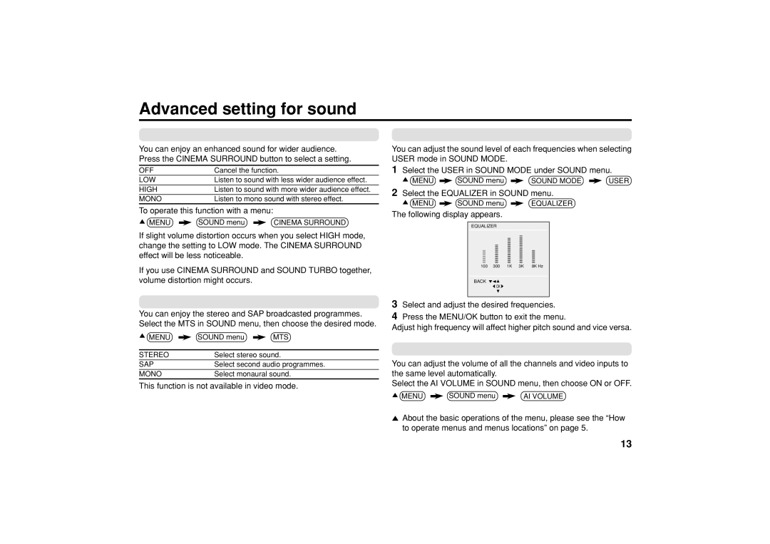 JVC AV-29JP14, AV-21VP14, AV-29VP14, GGT0055-001A-H Advanced setting for sound, Cinema Surround, Mts, Equalizer, AI Volume 