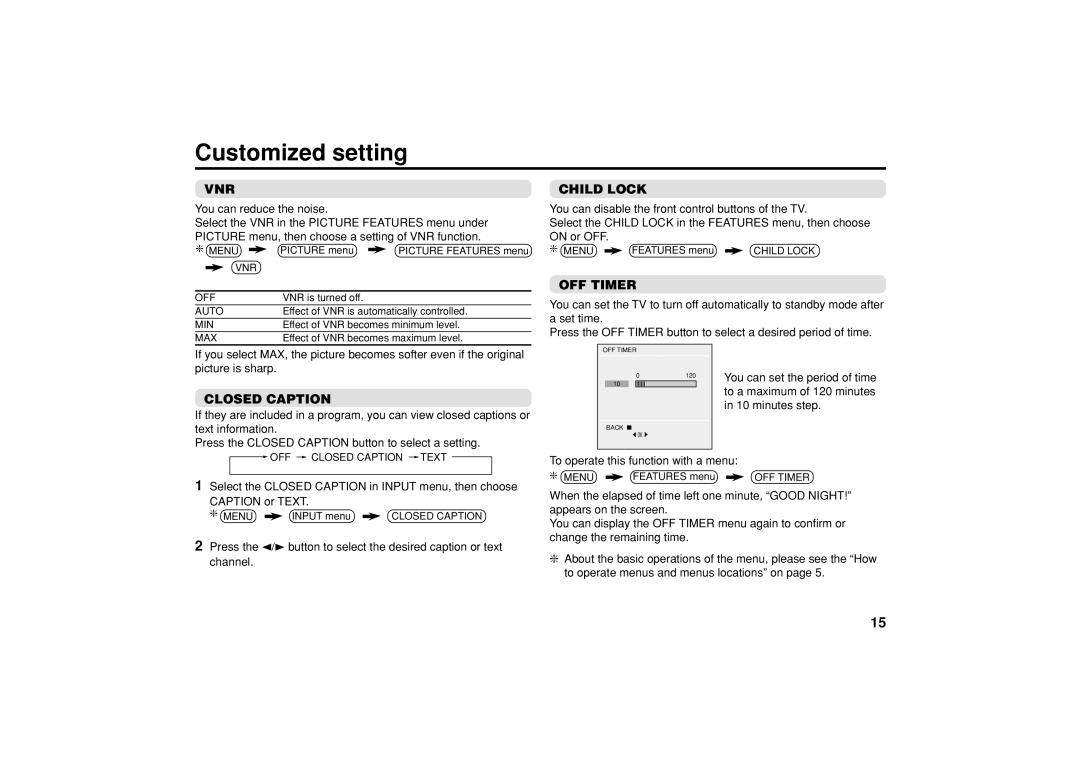 JVC GGT0055-001A-H, AV-21VP14, AV-29JP14, AV-29VP14 Customized setting, Vnr, Child Lock, OFF Timer, Closed Caption 