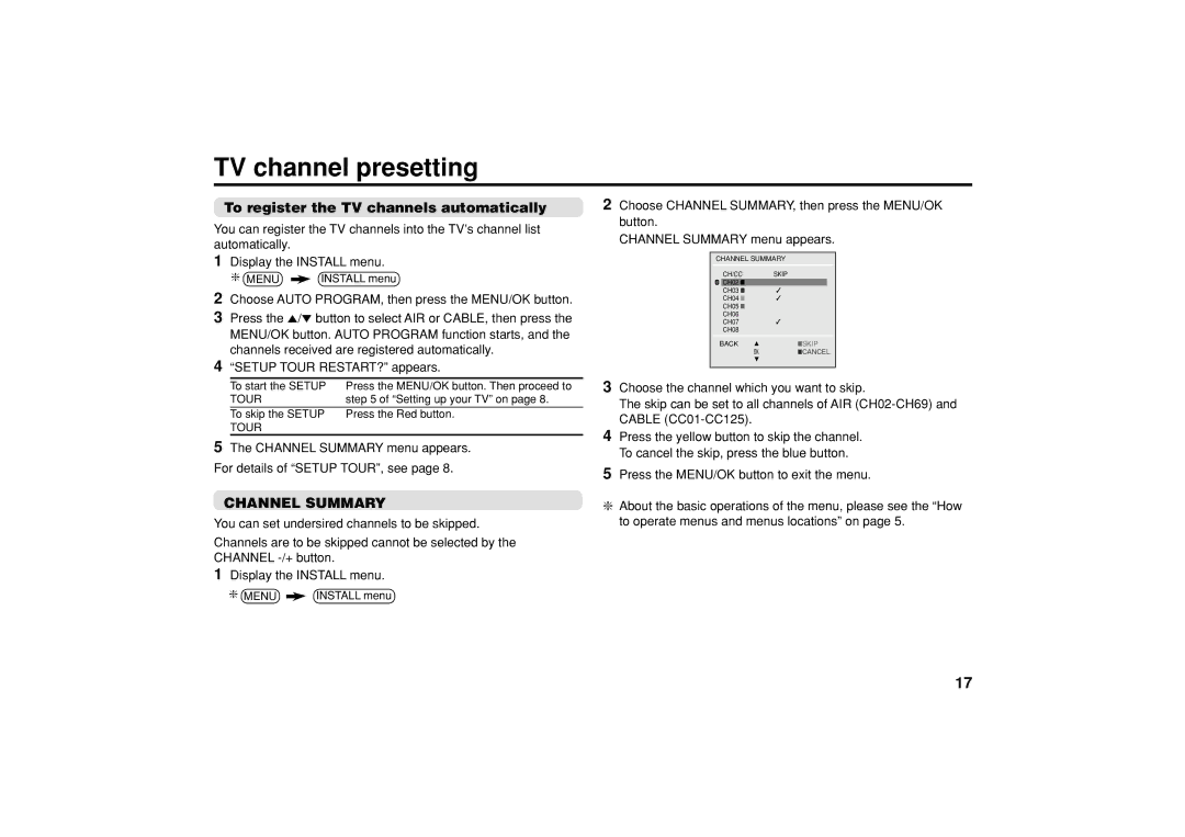 JVC AV-29JP14, AV-21VP14, AV-29VP14 TV channel presetting, To register the TV channels automatically, Channel Summary 