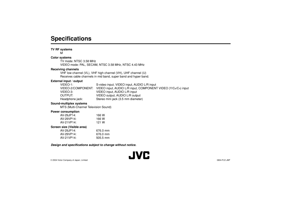 JVC AV-21VP14, AV-29JP14, AV-29VP14, GGT0055-001A-H specifications Specifications 