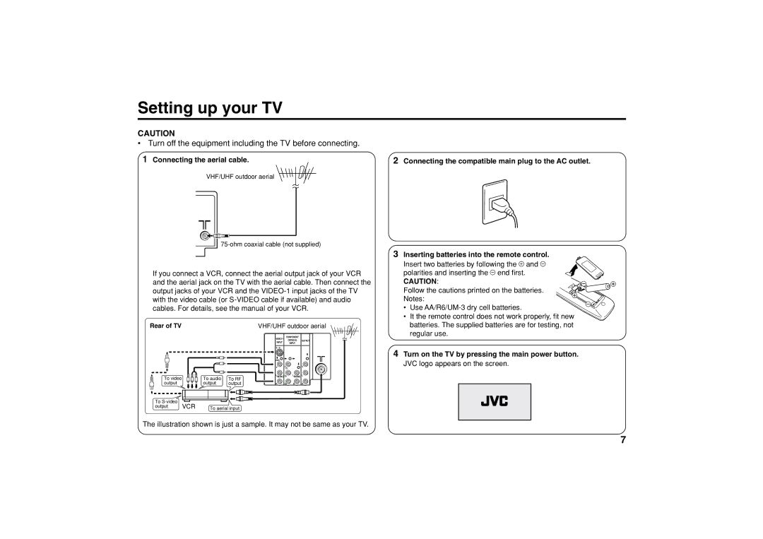 JVC GGT0055-001A-H, AV-21VP14, AV-29JP14, AV-29VP14 specifications Setting up your TV, Connecting the aerial cable 