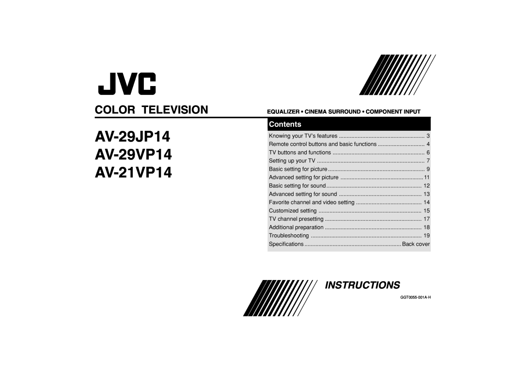 JVC AV-29JP14 specifications Color Television, Equalizer Cinema Surround Component Input, AV-29VP14, AV-21VP14, Contents 