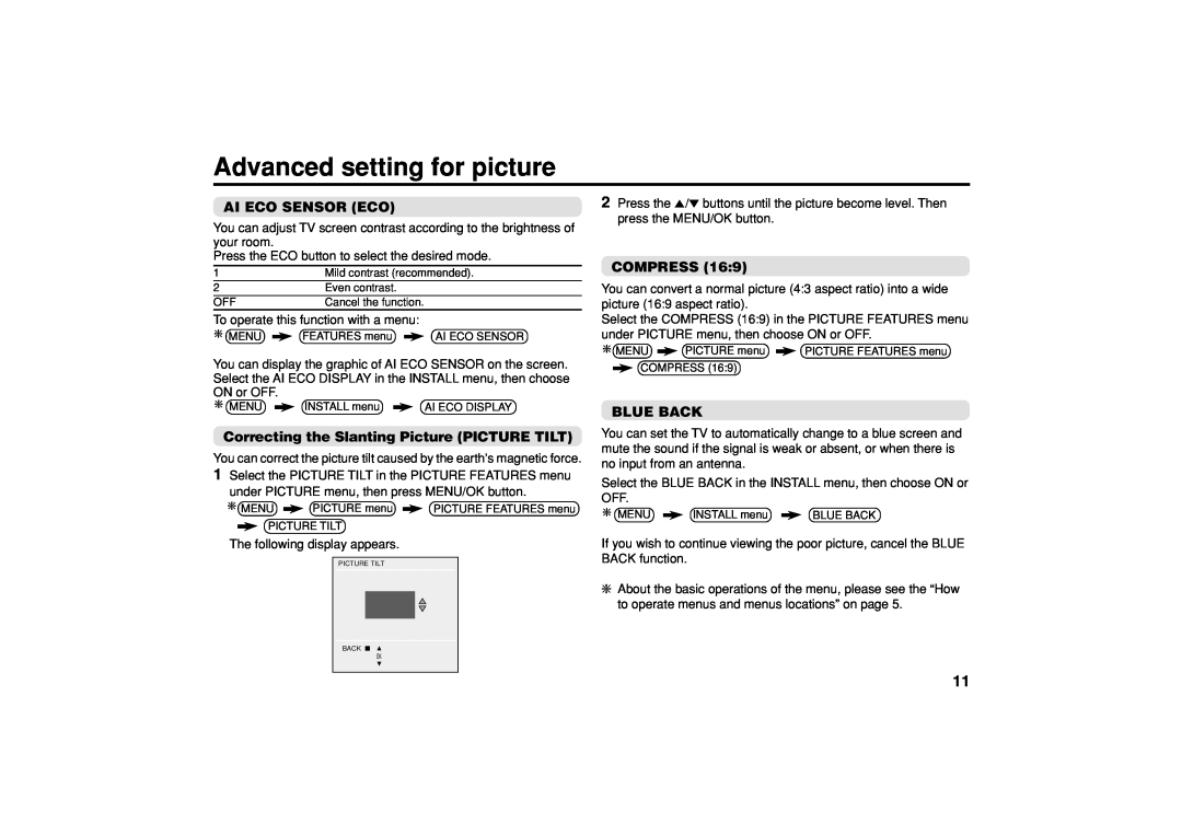 JVC GGT0055-001A-H Advanced setting for picture, Ai Eco Sensor Eco, Correcting the Slanting Picture PICTURE TILT, Compress 