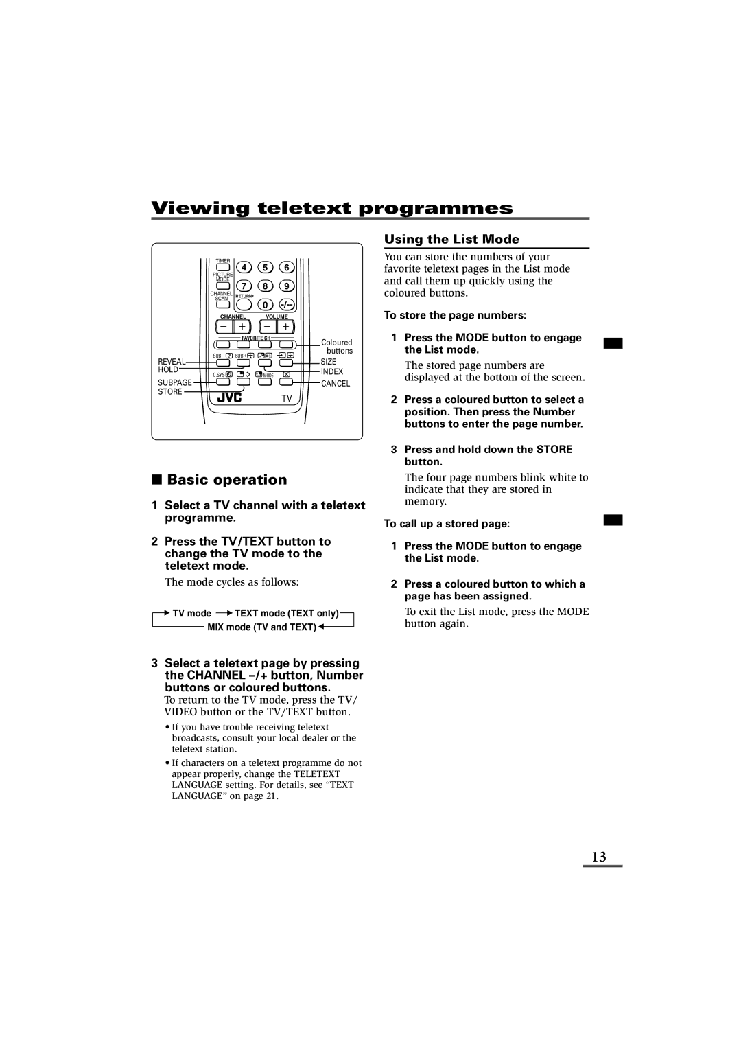 JVC AV-29WS21, AV-21VS21, AV-29VS21, AV-29WX11 Viewing teletext programmes, Using the List Mode, Mode cycles as follows 