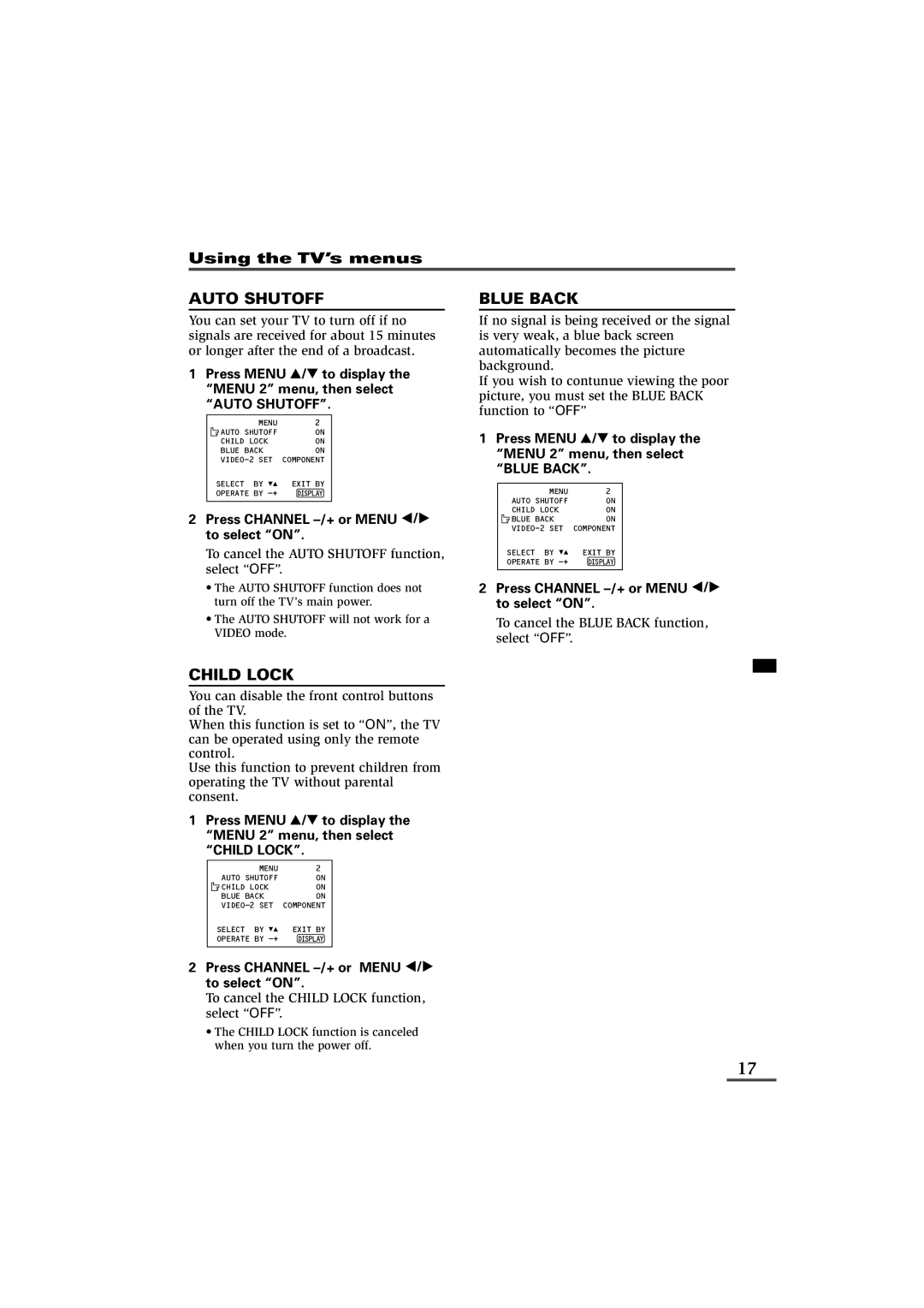 JVC AV-25VS21, AV-21VS21, AV-29VS21, AV-29WS21, AV-29WX11, AV-29VX71, AV-25VX71, AV-21YX11 Auto Shutoff, Child Lock, Blue Back 