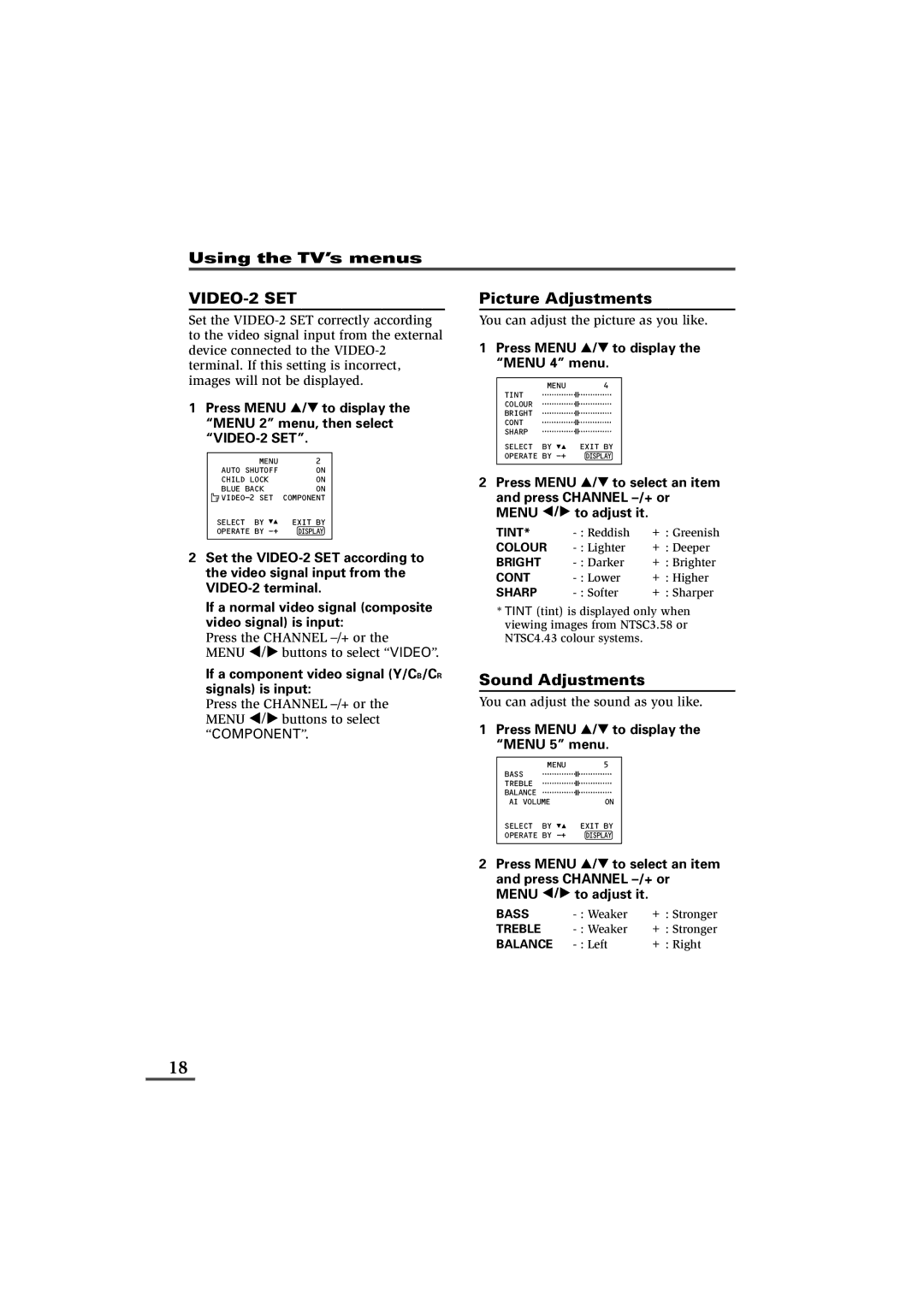 JVC AV-21YX11, AV-21VS21, AV-29VS21, AV-29WS21, AV-29WX11, AV-29VX71 VIDEO-2 SET, Picture Adjustments, Sound Adjustments 