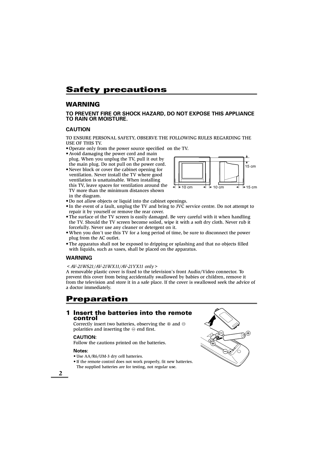 JVC AV-29WS21, AV-21VS21, AV-29VS21, AV-29WX11, AV-29VX71, AV-25VX71, AV-25VS21, AV-21YX11 Safety precautions, Preparation 